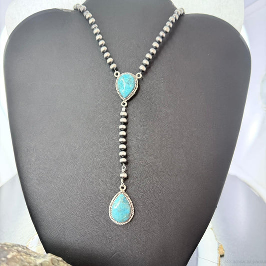 Sterling Silver Southwestern Style Turquoise 20"-22" Navajo Pearl Lariat Necklace For Women