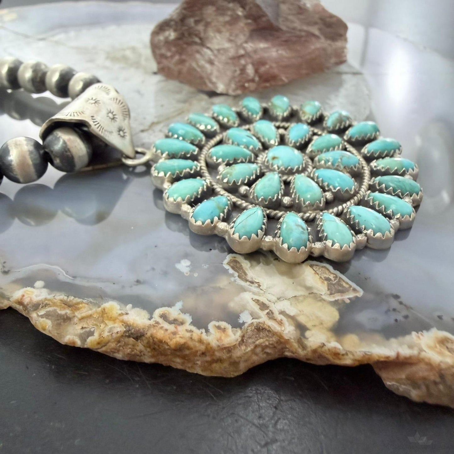 Sterling Silver Southwestern Style Teardrop Blue Mohave Turquoise Round Cluster Pendant