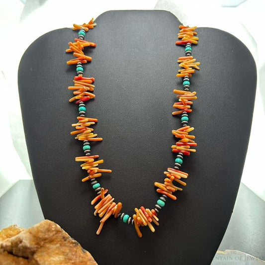 Native American Natural Coral, Turquoise Beads 24" Necklace For Women