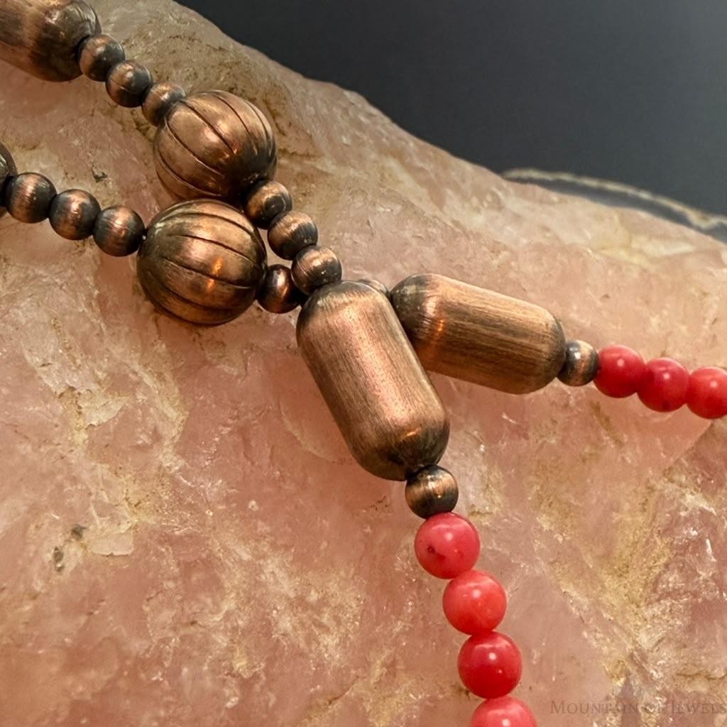 Southwestern Style Copper Navajo Pearl w/Red Coral Beads 18" Necklace For Women