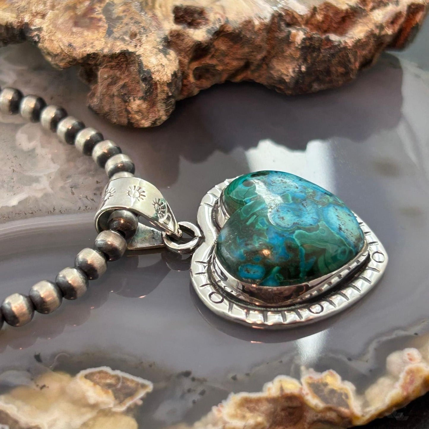 Sterling Silver Southwestern Style Azurite Malachite Heart Pendant For Women #2