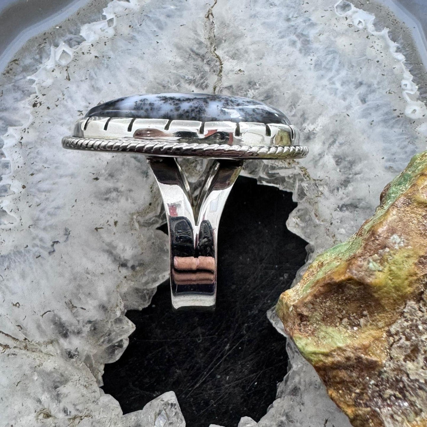 Sterling Silver Southwestern Style Large Teardrop Dendrite Agate Ring Size 10 For Women