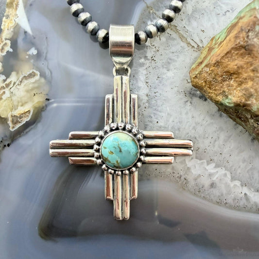 Sterling Silver Southwestern Style Rounded Turquoise Unisex Zia Pendant