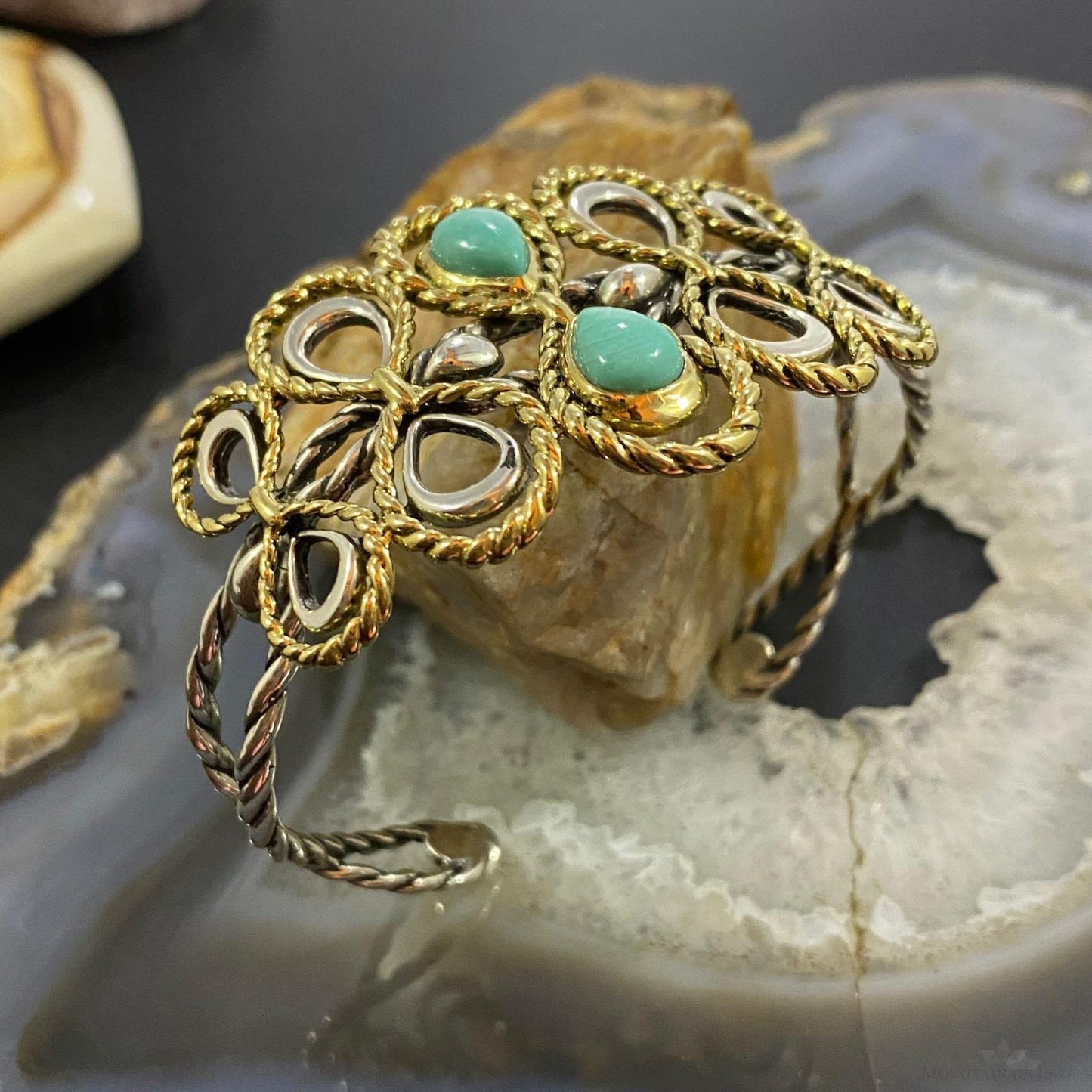 Carolyn Pollack Sterling Silver & Brass 2 Turquoise Decorated Bracelet For Women