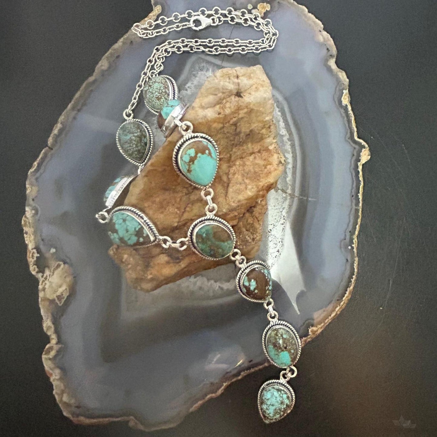 Sterling Silver Southwestern Style Turquoise #8 Cluster Lariat 28" Necklace For Women #1