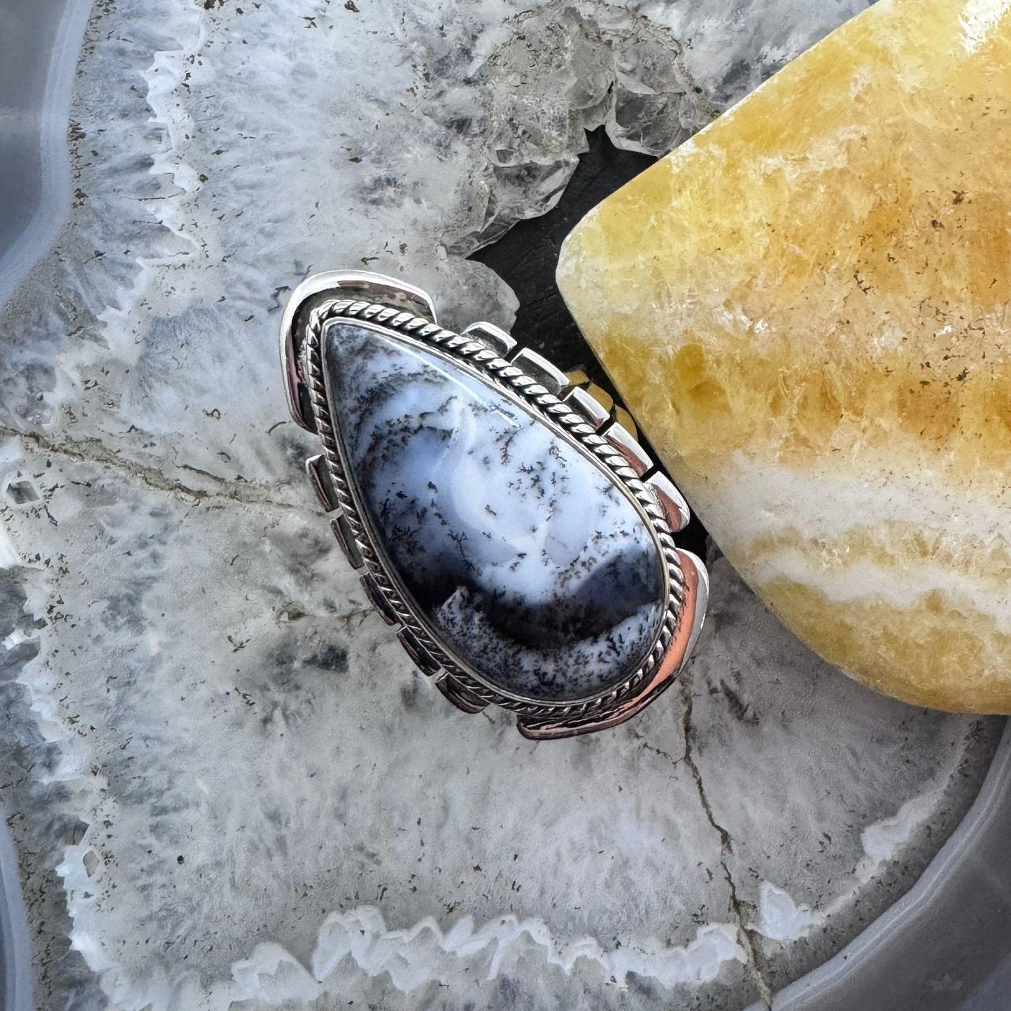 Sterling Silver Southwestern Style Elongated Teardrop Dendrite Agate Ring Size 9.25 For Women