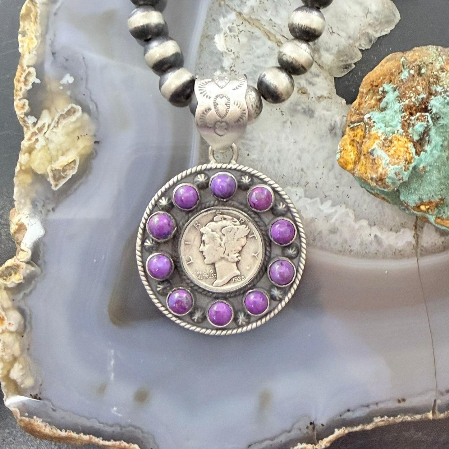 Genuine 1935 90% Silver Mercury Dime Coin w/Purple Dahlia Decorated Unisex Pendant