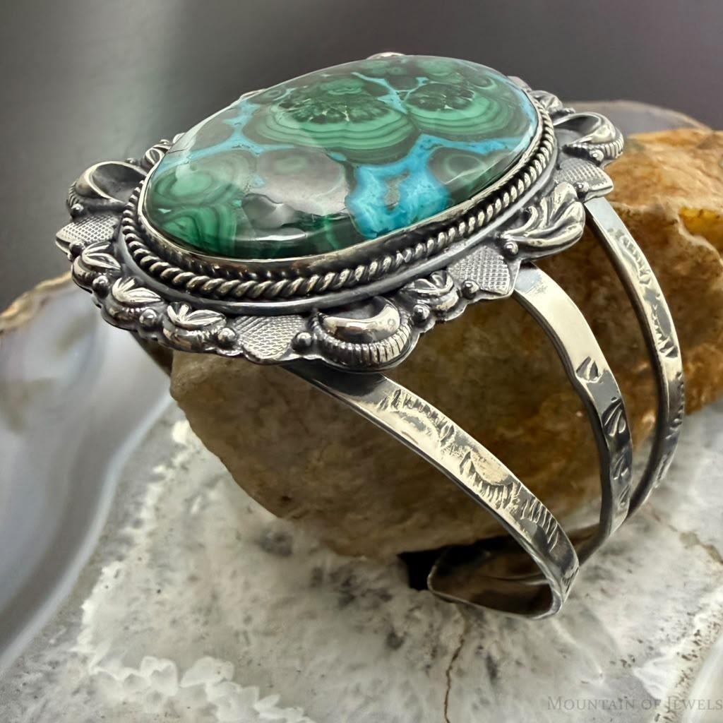 Sterling Silver Southwestern Style Oval Azurite Malachite Bracelet For Women