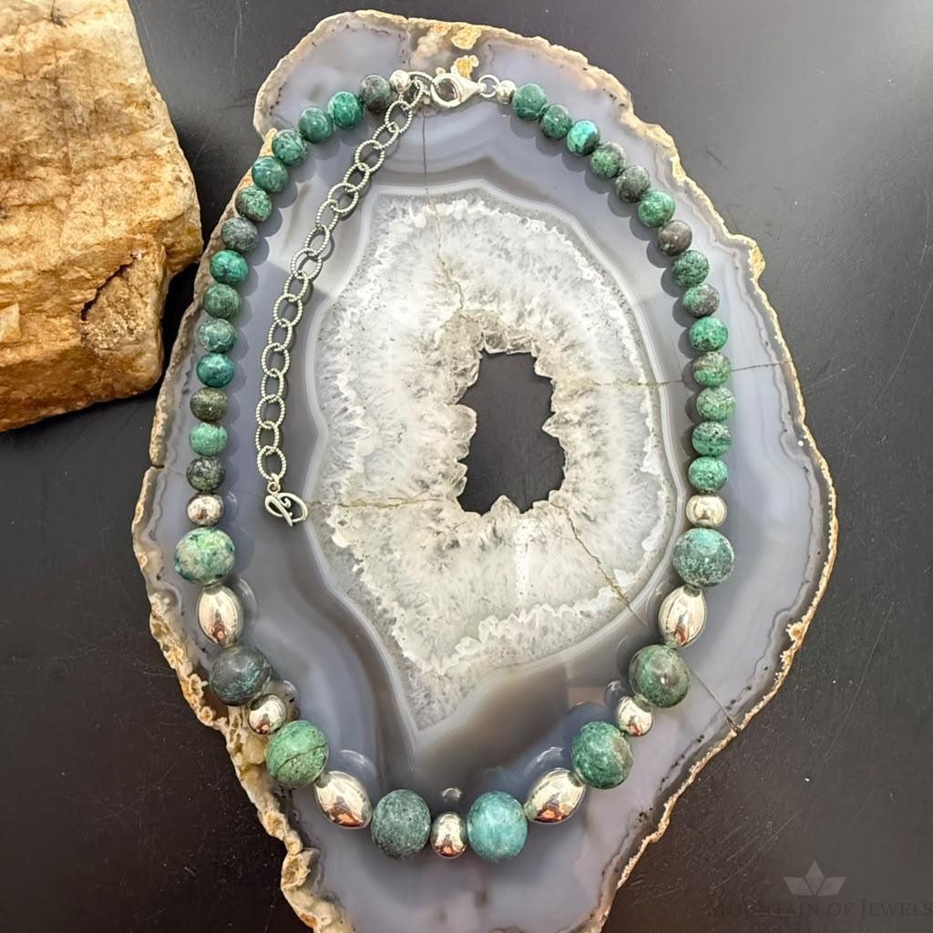 Carolyn Pollack Sterling Silver Chrysocolla Beads & Silver Beads 16"-20" Necklace For Women