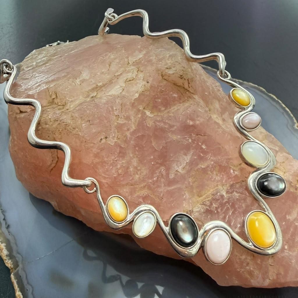 Carolyn Pollack Sterling Silver Yellow & Pink MOP & Smoky Quartz Zigzag Necklace For Women