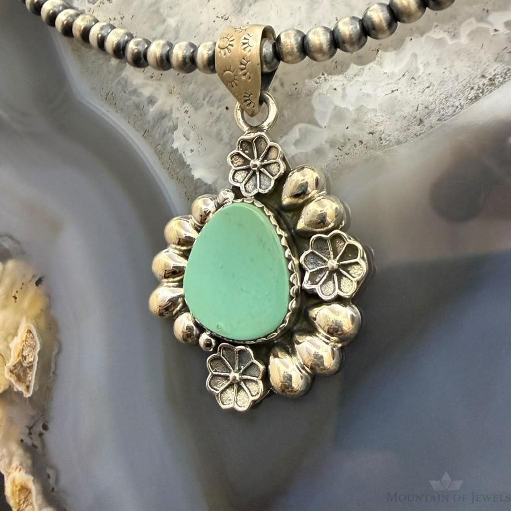 Sterling Silver Southwestern Style Turquoise w/Flower Decorated Pendant For Women