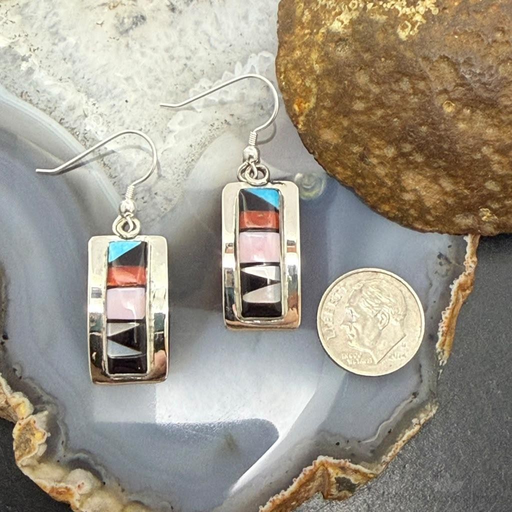 Sheryl Edaakie Zuni Sterling Silver Multistone Inlay Rectangle Dangle Earrings For Women #1