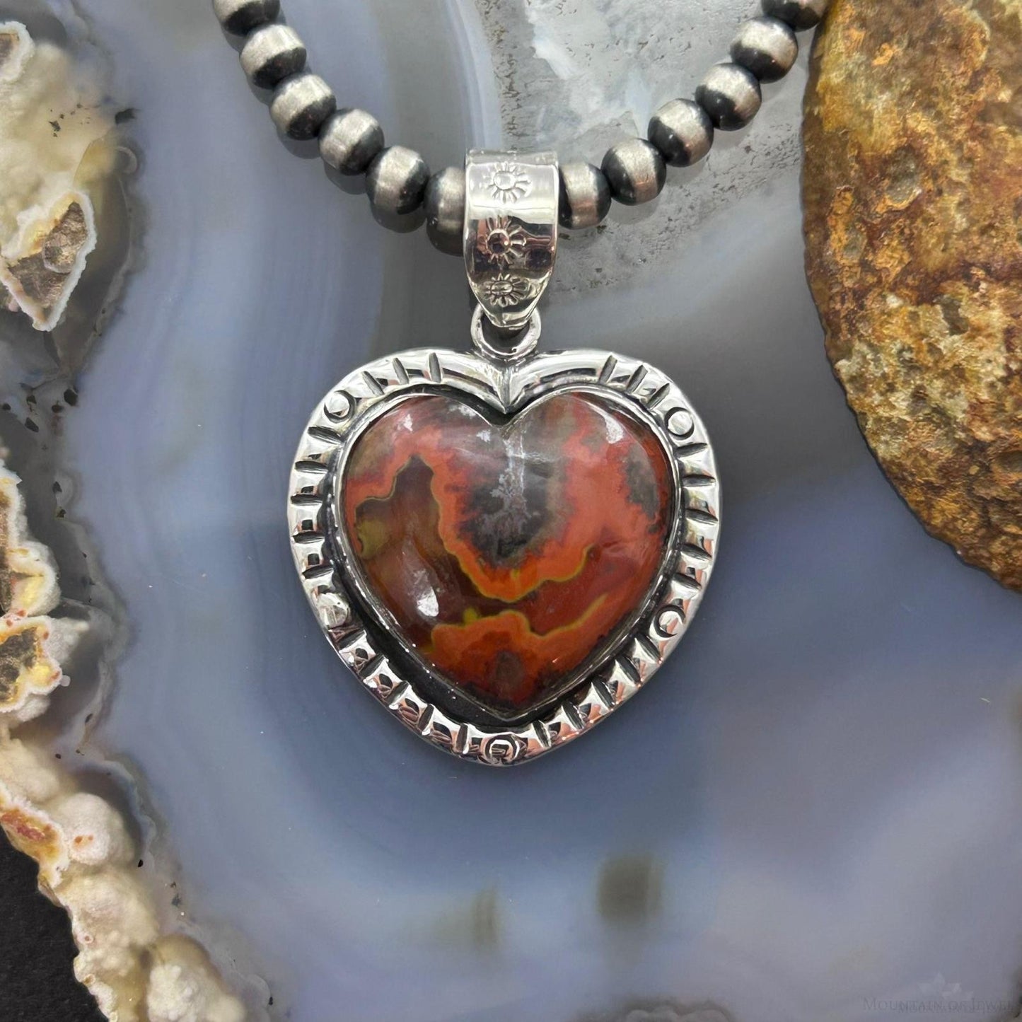 Sterling Silver Southwestern Style Seam Agate Heart Pendant For Women #2
