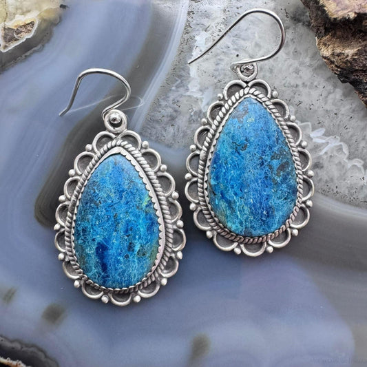 Sterling Silver Southwestern Style Teardrop Shattuckite Dangle Earrings For Women