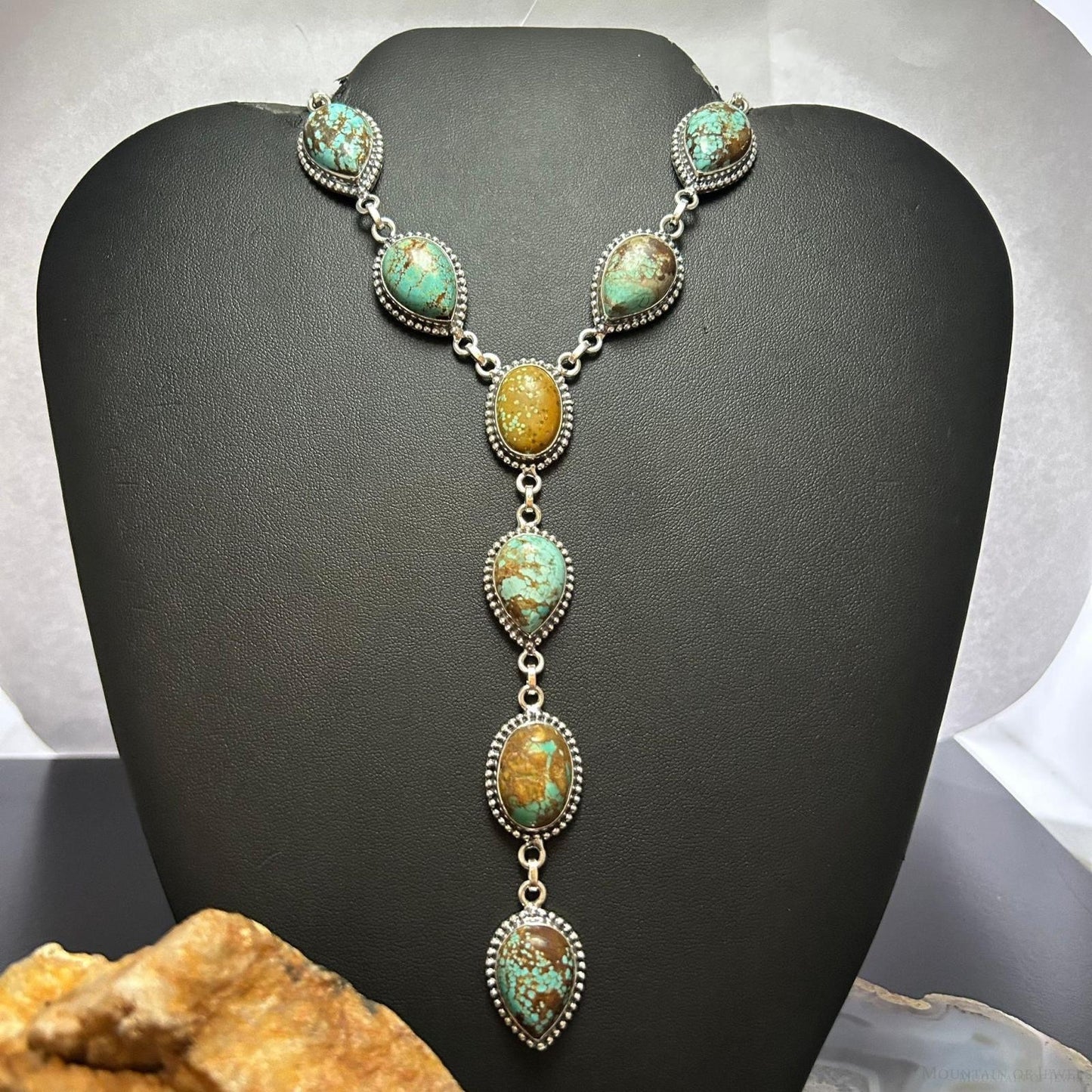 Sterling Silver Southwestern Style Turquoise #8 Cluster Lariat 28" Necklace For Women