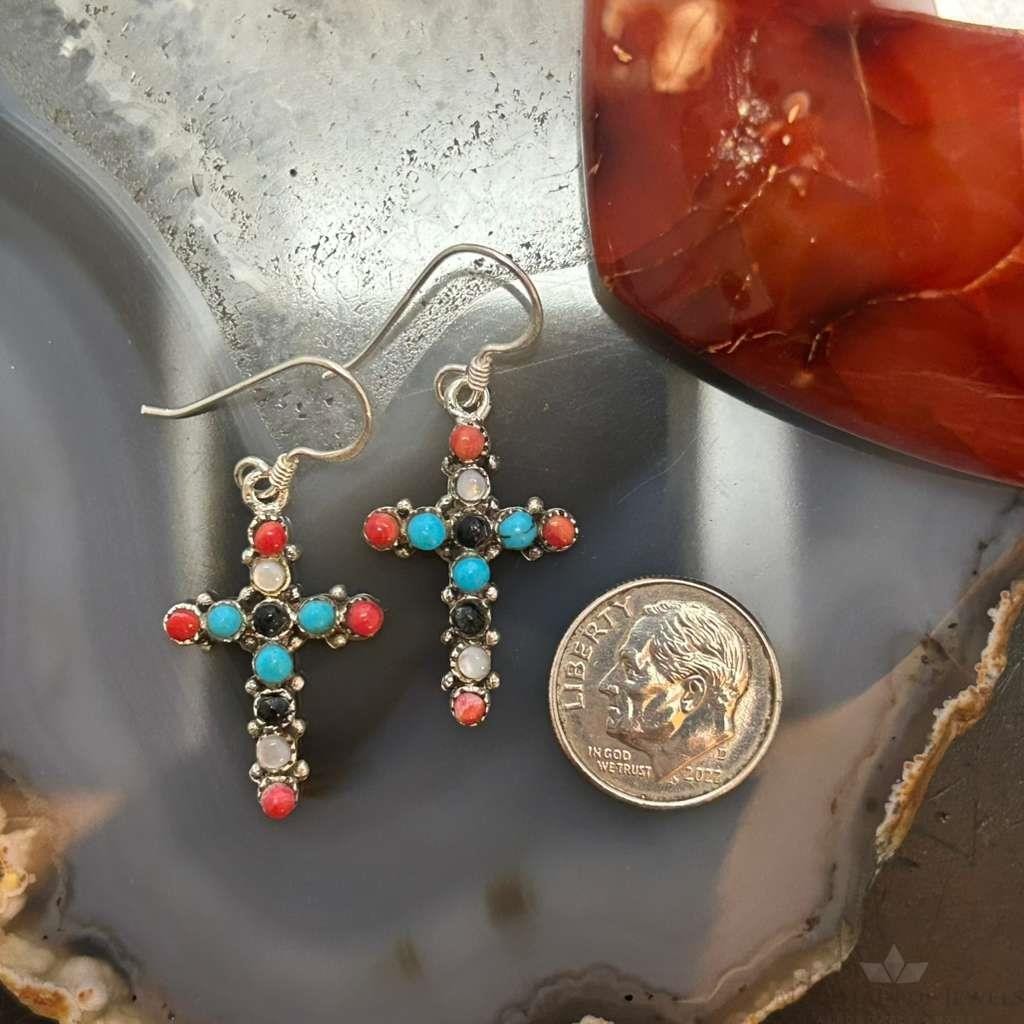 Sterling Silver Southwestern Style Multi-Stone Cross Dangle Earrings For Women