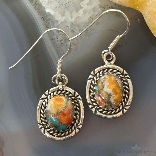 Sterling Silver Southwestern Style Spiny Oyster Turquoise Dangle Earrings For Women #2