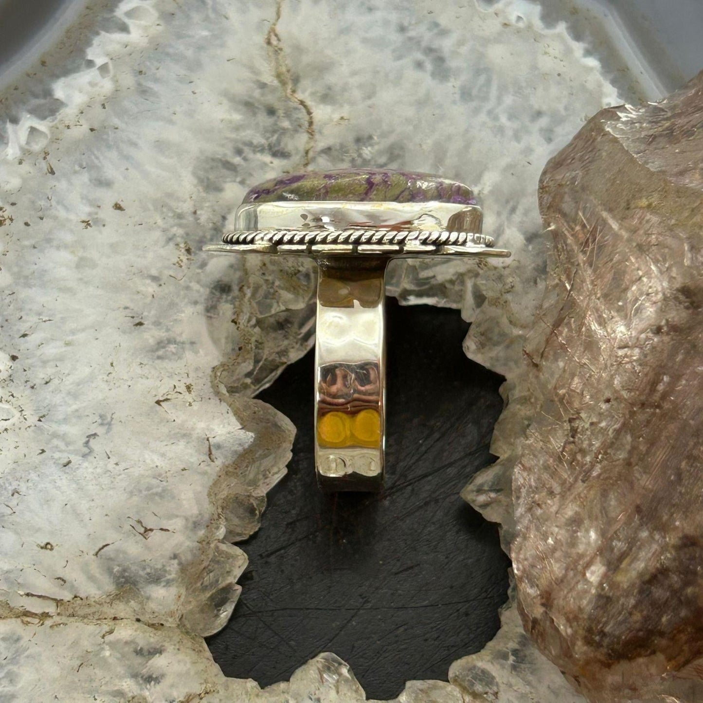 Sterling Silver Southwestern Style Oval Stichtite Decorated Ring Size 8.5 For Women