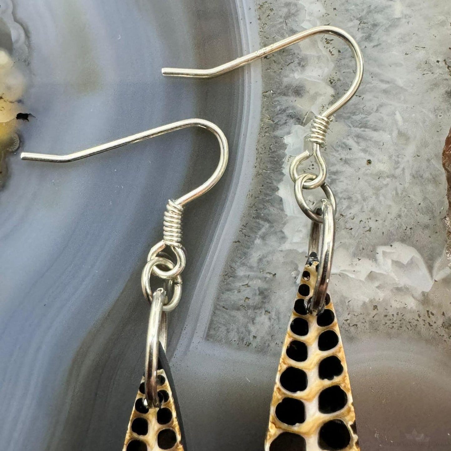 Sterling Silver Teardrop Turitella Fossil Slab Dangle Earrings For Women #232