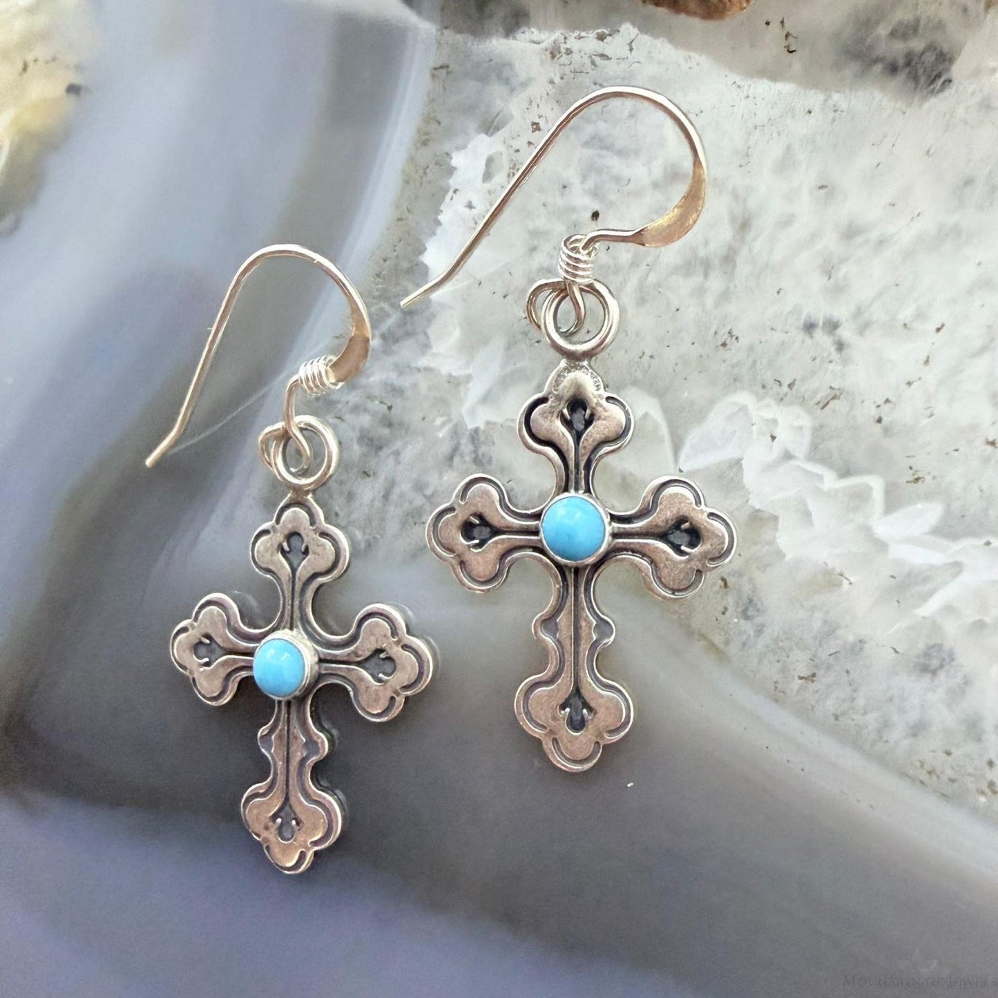Sterling Silver Southwestern Style Turquoise Cross Dangle Earrings For Women