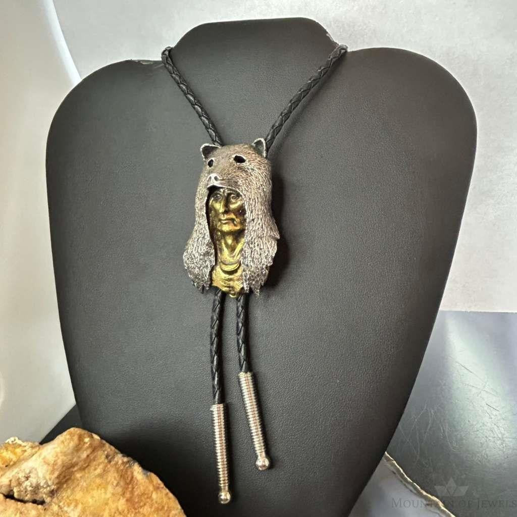 Sid Bell Tully NY Bronze & Pewter Man Inside Bear Decorated Bolo Tie For Men