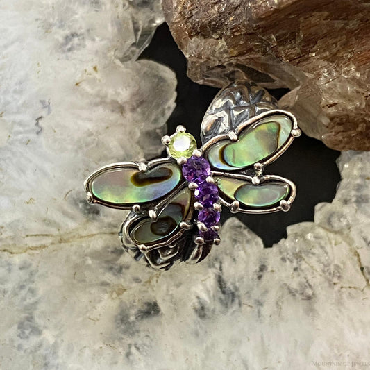 Carolyn Pollack Southwestern Style Sterling Silver Abalone, Amethyst & Peridot Dragonfly Ring For Women