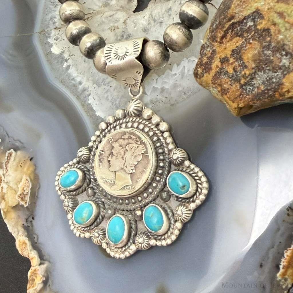 Sterling Silver Southwestern Style 1939 Mercury Dime & Kingman Turquoise Pendant