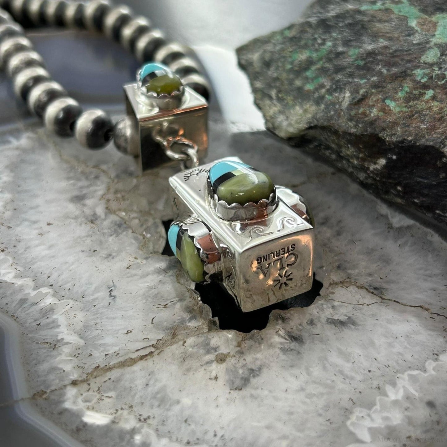 Cliffton Aguilar Santo Domingo Sterling Silver Multistone Decorated Rectangular Pendant