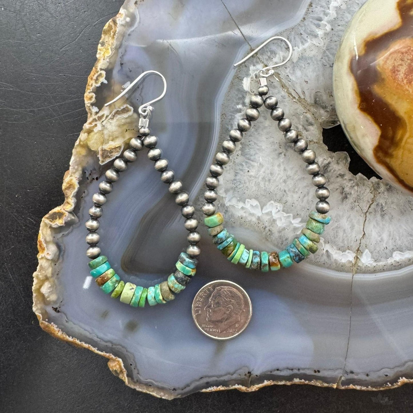 Sterling Silver Navajo Pearl Southwester Style & Turquoise Bead Hoop Earrings For Women