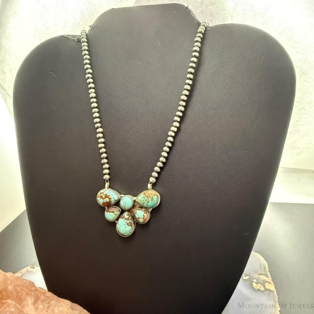 Sterling Silver Southwestern Style Turquoise #8 Navajo Pearl Beads Necklace For Women