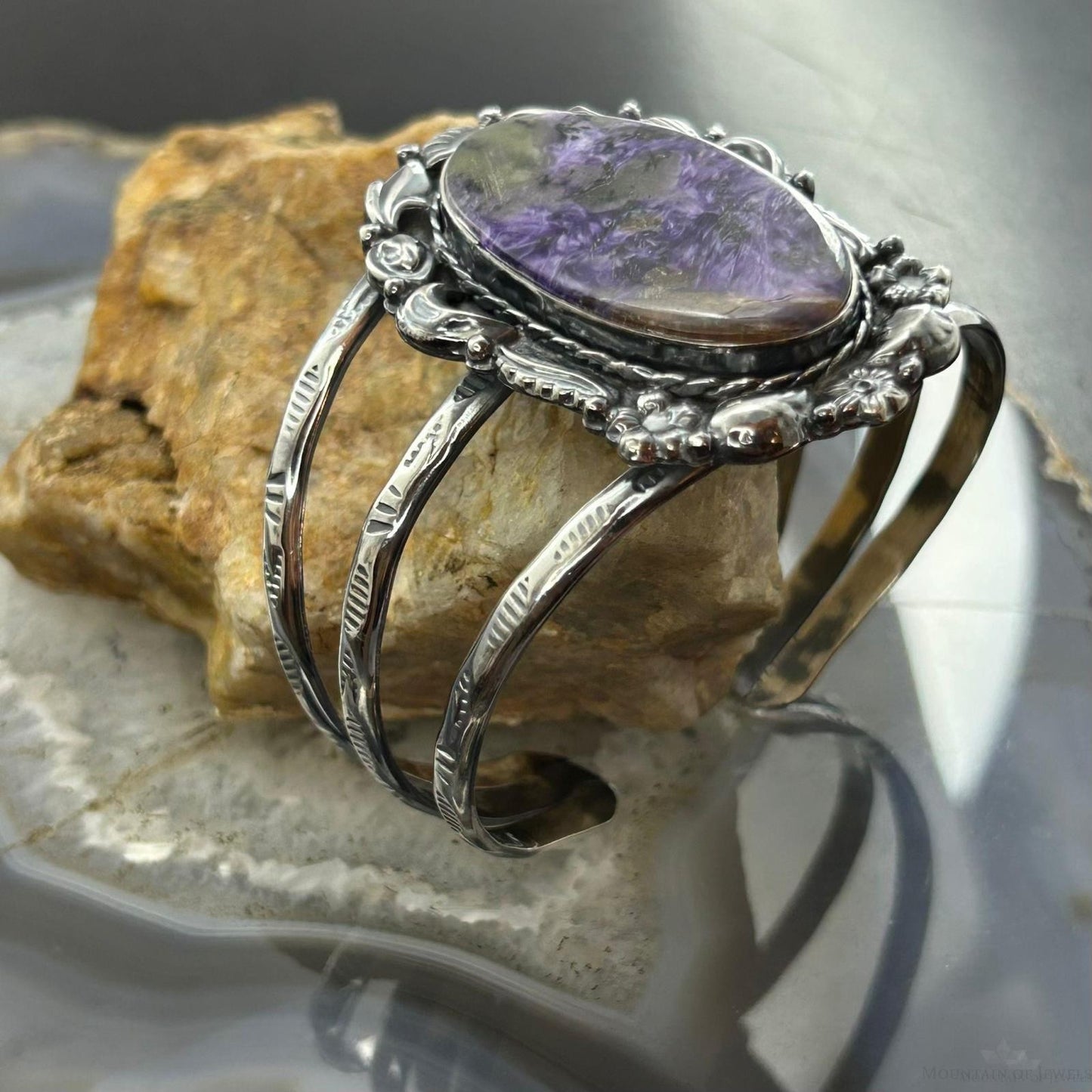 Sterling Silver Southwestern Style Oval Charoite Decorated Bracelet For Women