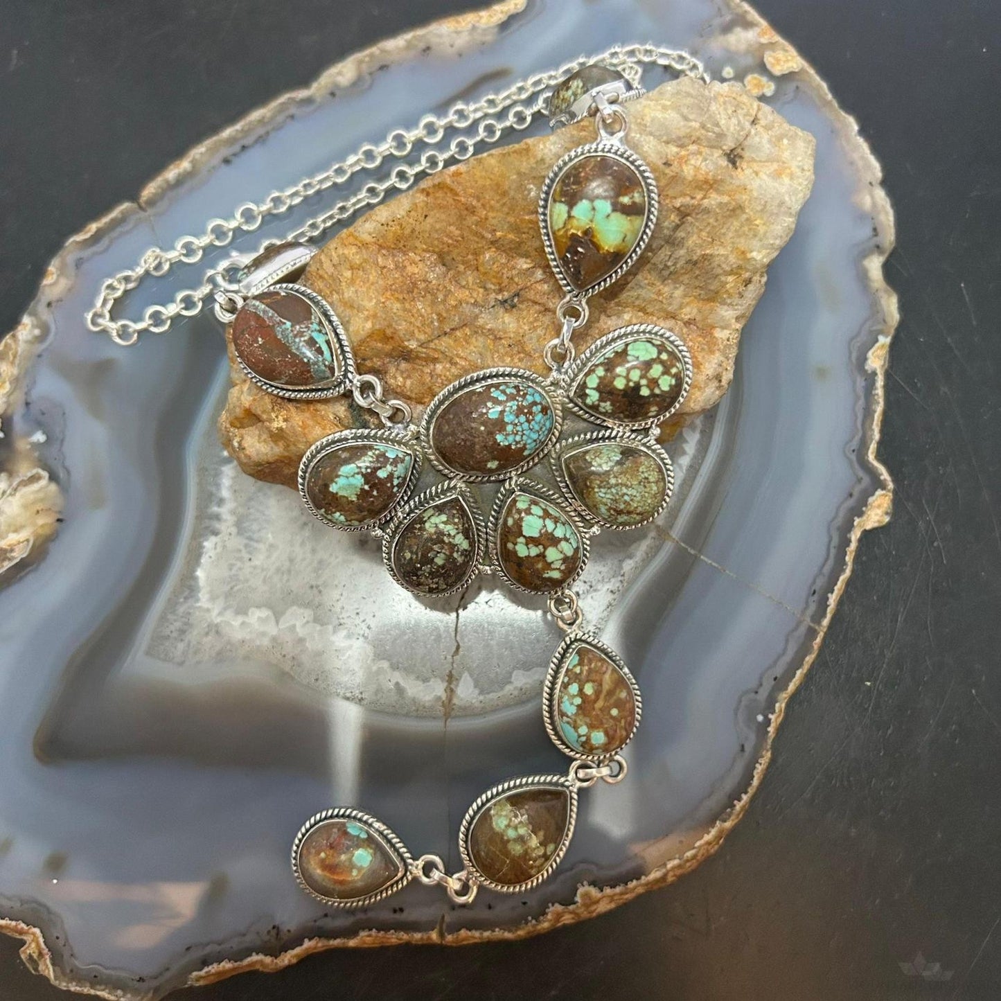 Sterling Silver Southwestern Style Turquoise #8 Cluster 30" Necklace For Women