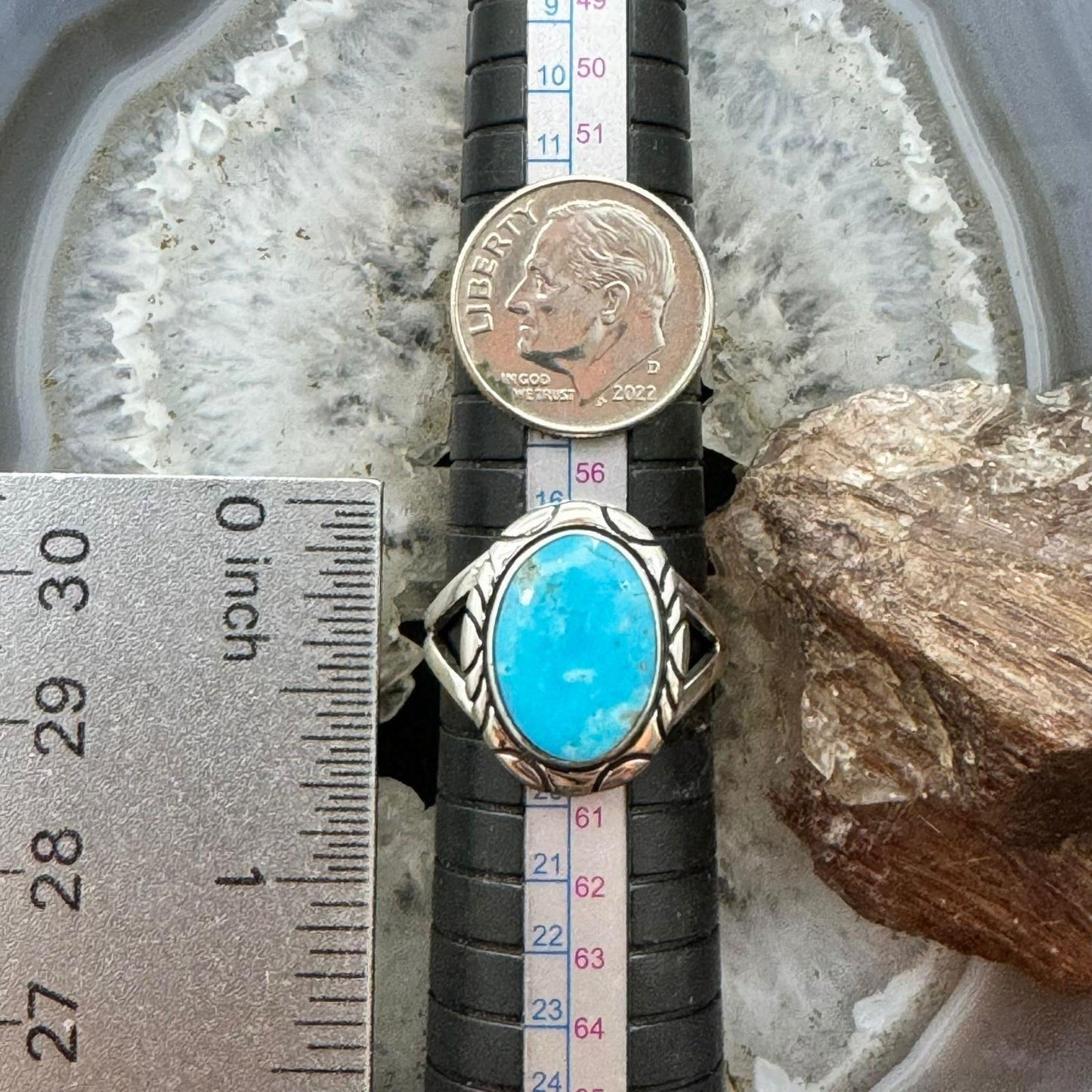 Native American Sterling Silver Oval Kingman Turquoise Decorated Ring Size 8.5 For Women