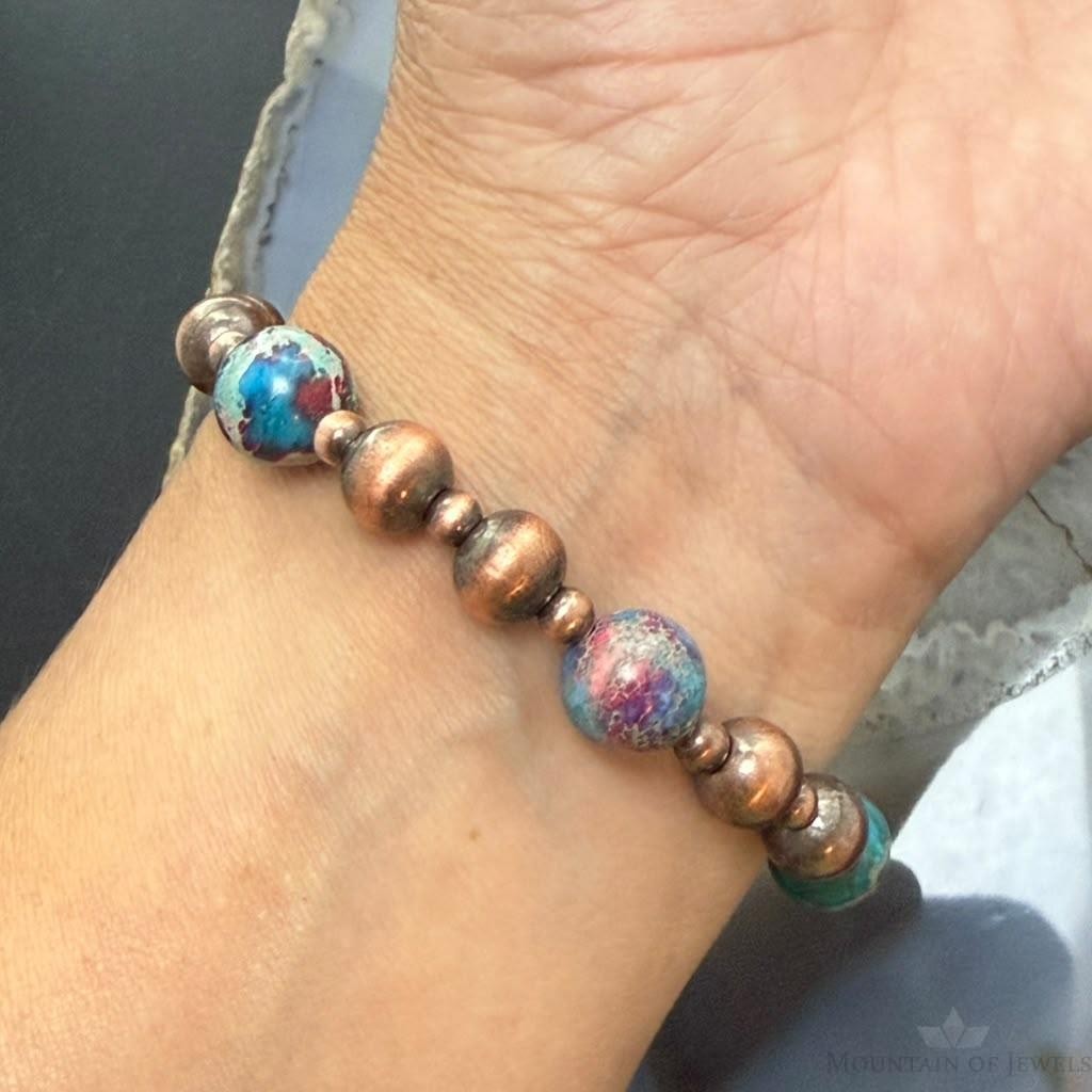 Southwestern Style 4-8mm Copper Navajo Pearl Beads &10mm Jasper Stretch Bracelet For Women