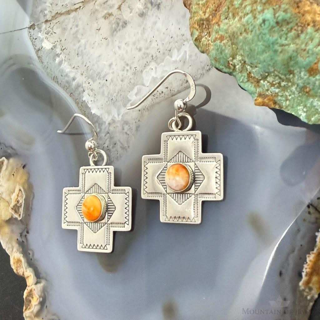 Vintage Signed Sterling Silver Spiny Oyster Stamped Cross Dangle Earrings For Women
