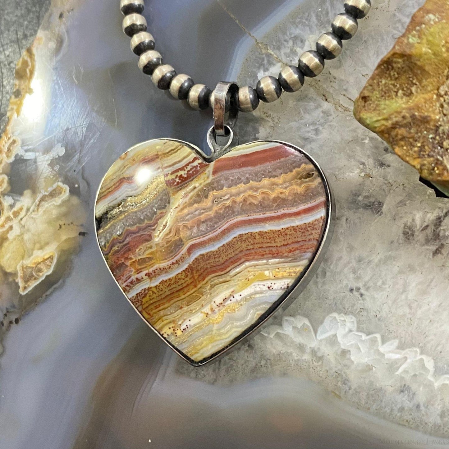 Heart Shape Crazy Lace Agate Pendant For Women Set in Stainless Steel #108