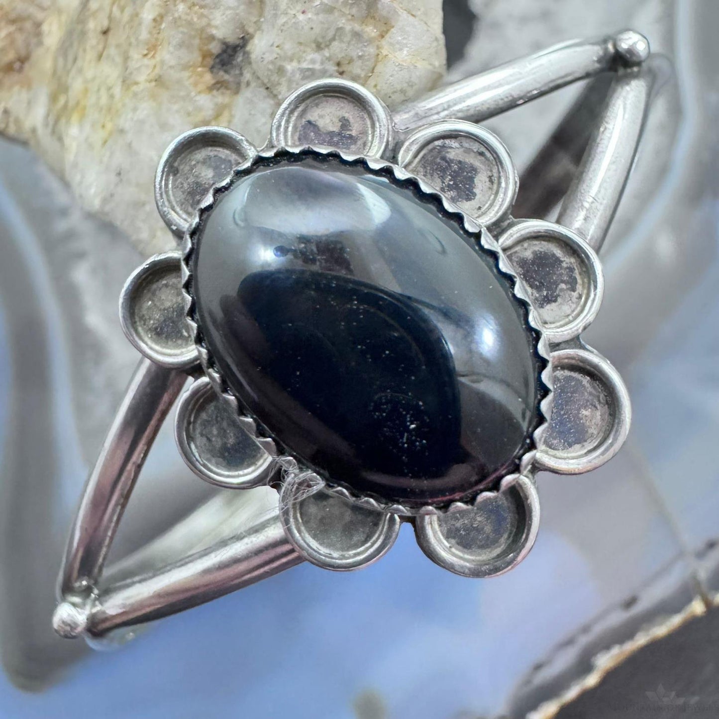 Vintage Signed Native American Sterling Silver Oval Onyx Decorated Bracelet For Women