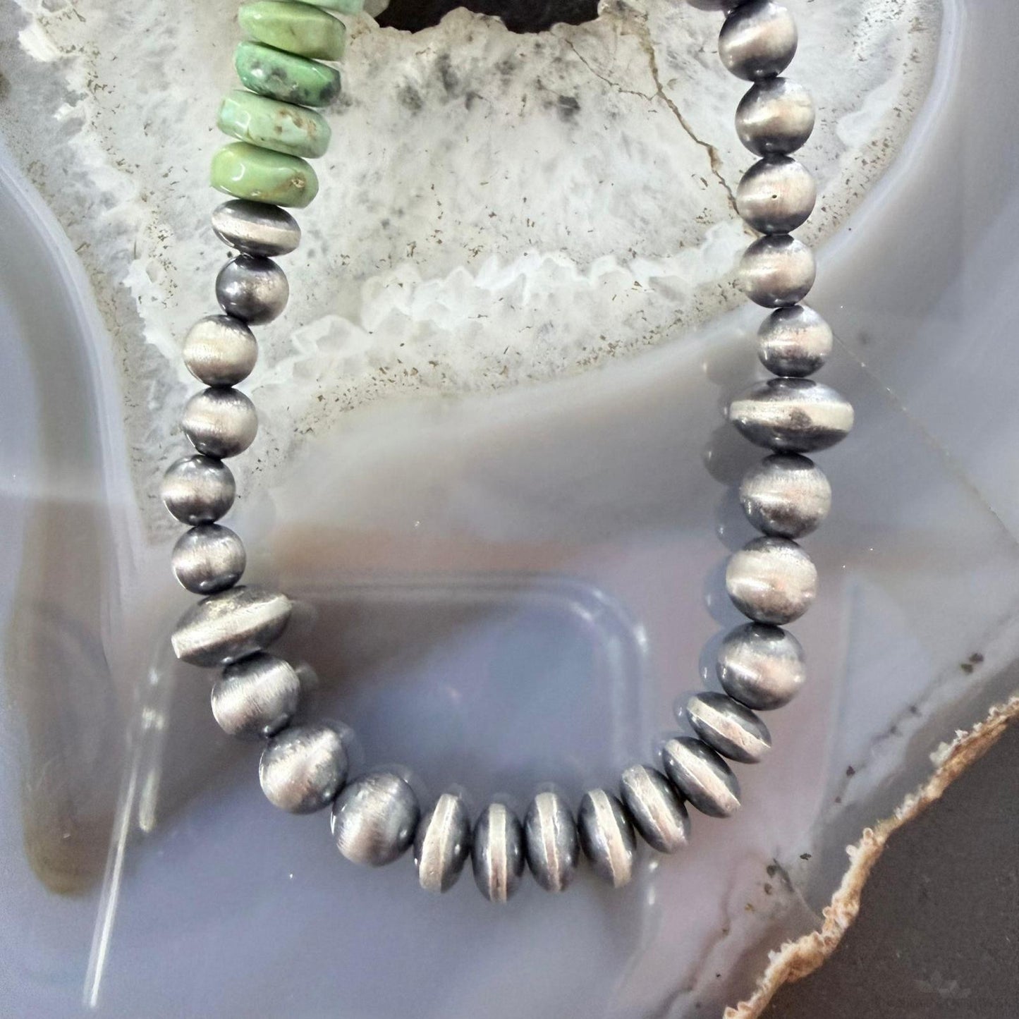 Sterling Silver Southwestern Style Green Turquoise Beads & Starling Beads 20" Necklace For Women