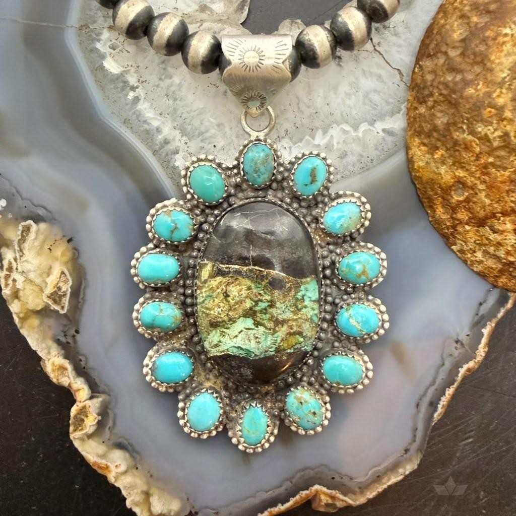 Sterling Silver Southwestern Style Blackjack & Kingman Turquoise Pendant For Women