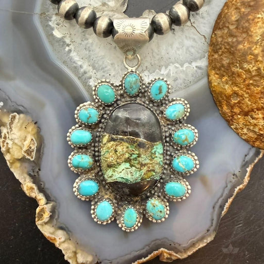 Sterling Silver Southwestern Style Blackjack & Kingman Turquoise Pendant For Women