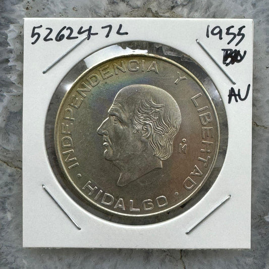 1955 Mexico 5 Pesos 18.055 gr 72% Silver Hidalgo Coin AU #52624-7L