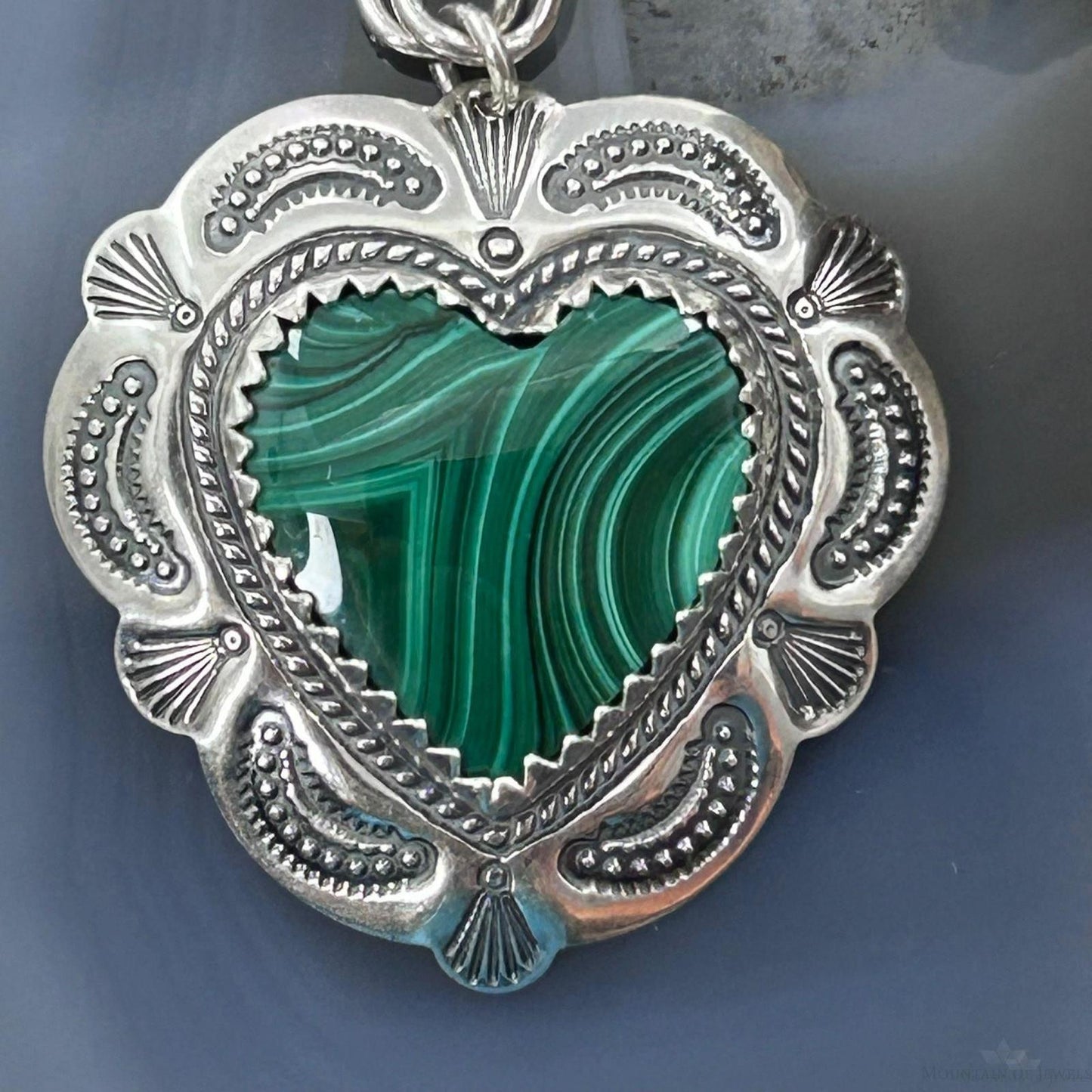 QT Quoc Sterling Silver Southwestern Style Malachite Heart Pendant For Women