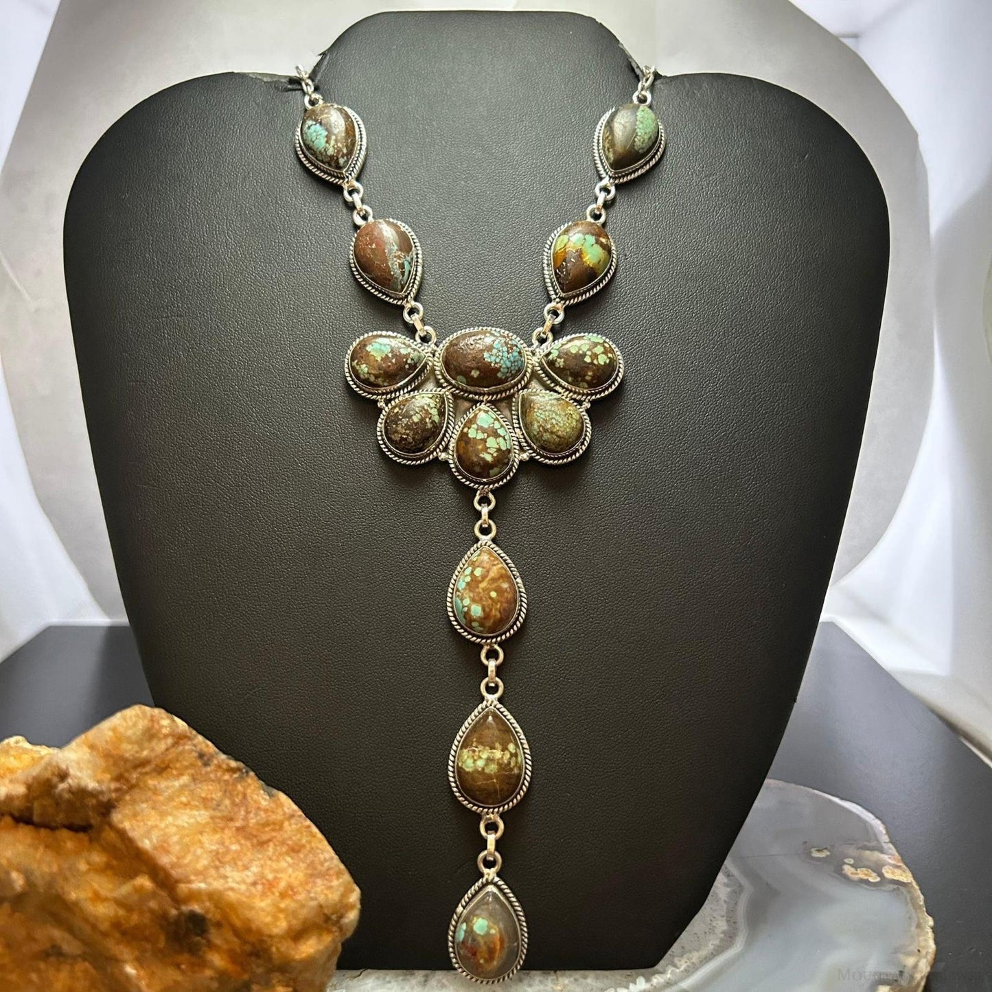 Sterling Silver Southwestern Style Turquoise #8 Cluster 30" Necklace For Women