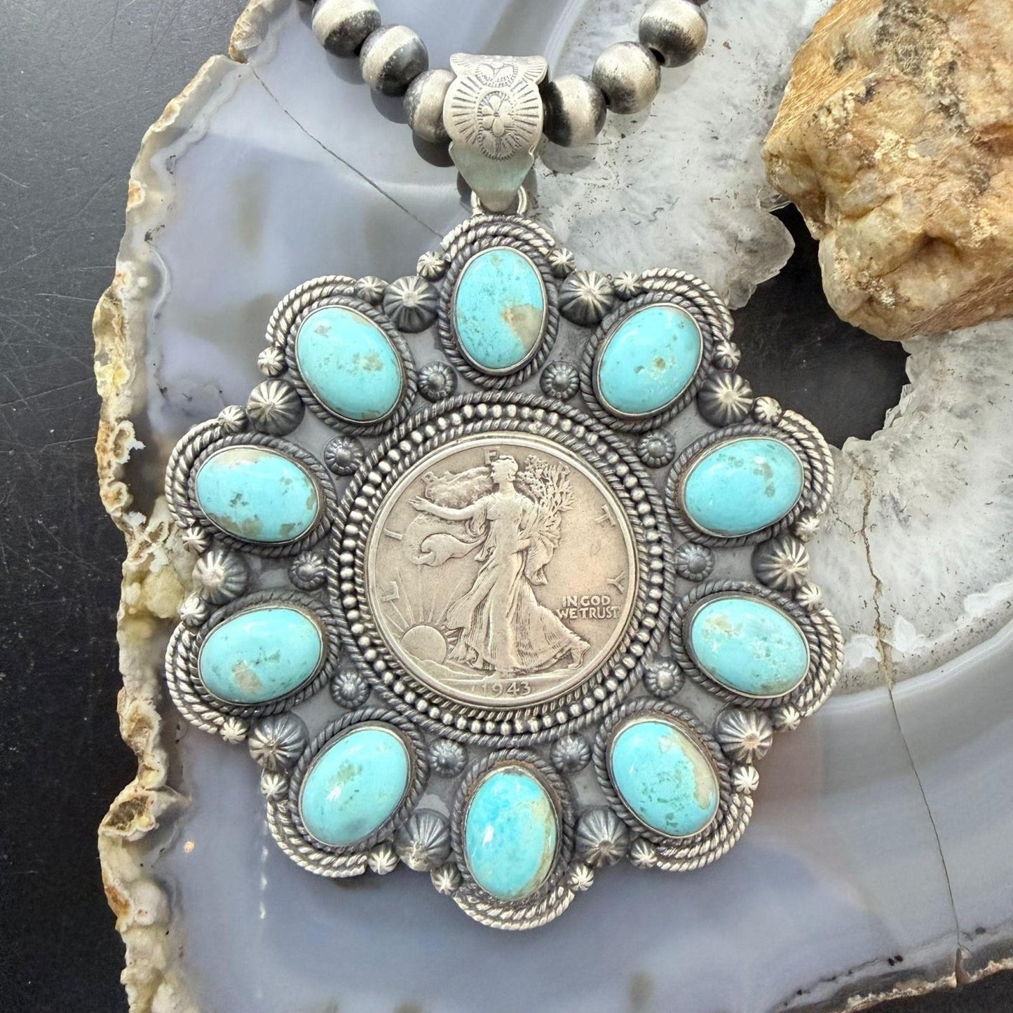 1943 Genuine 90% Silver Walking Liberty Half Dollar Coin w/Turquoise Unisex Pendant