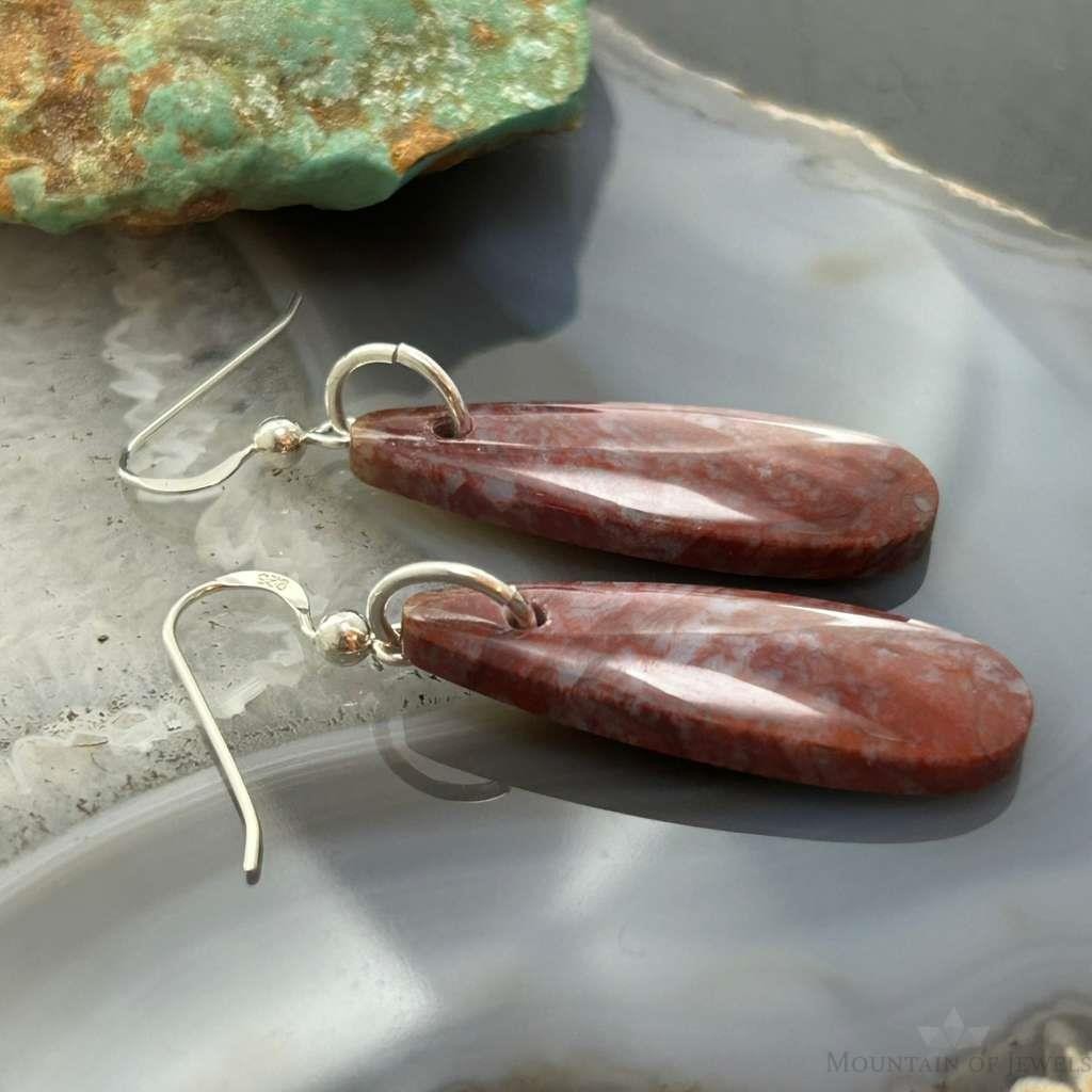 Sterling Silver Teardrop Plum Moss Agate Slab Dangle Earrings For Women #534
