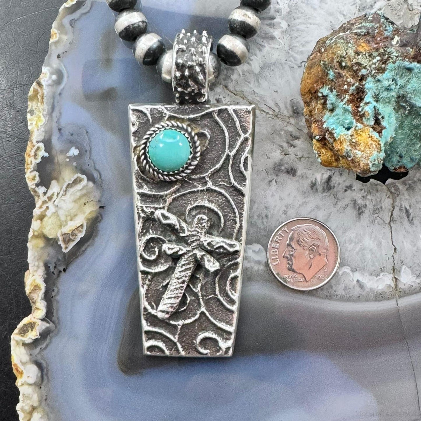 Cheyenne Custer Navajo Native American Sterling Silver & Turquoise Dragonfly Tufa Cast Unisex Pendant