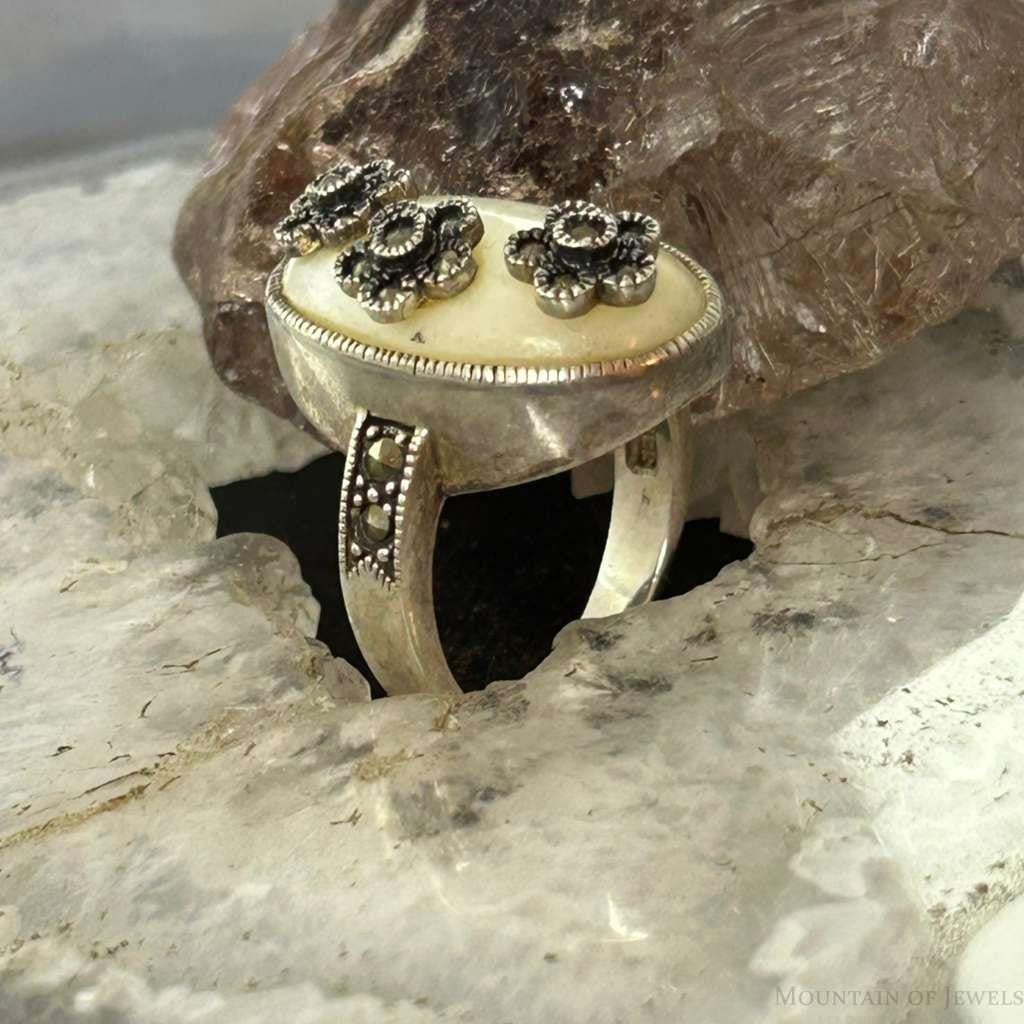 Sterling Silver Mother of Pearl & Marcasite Flower Ring Size 8 For Women