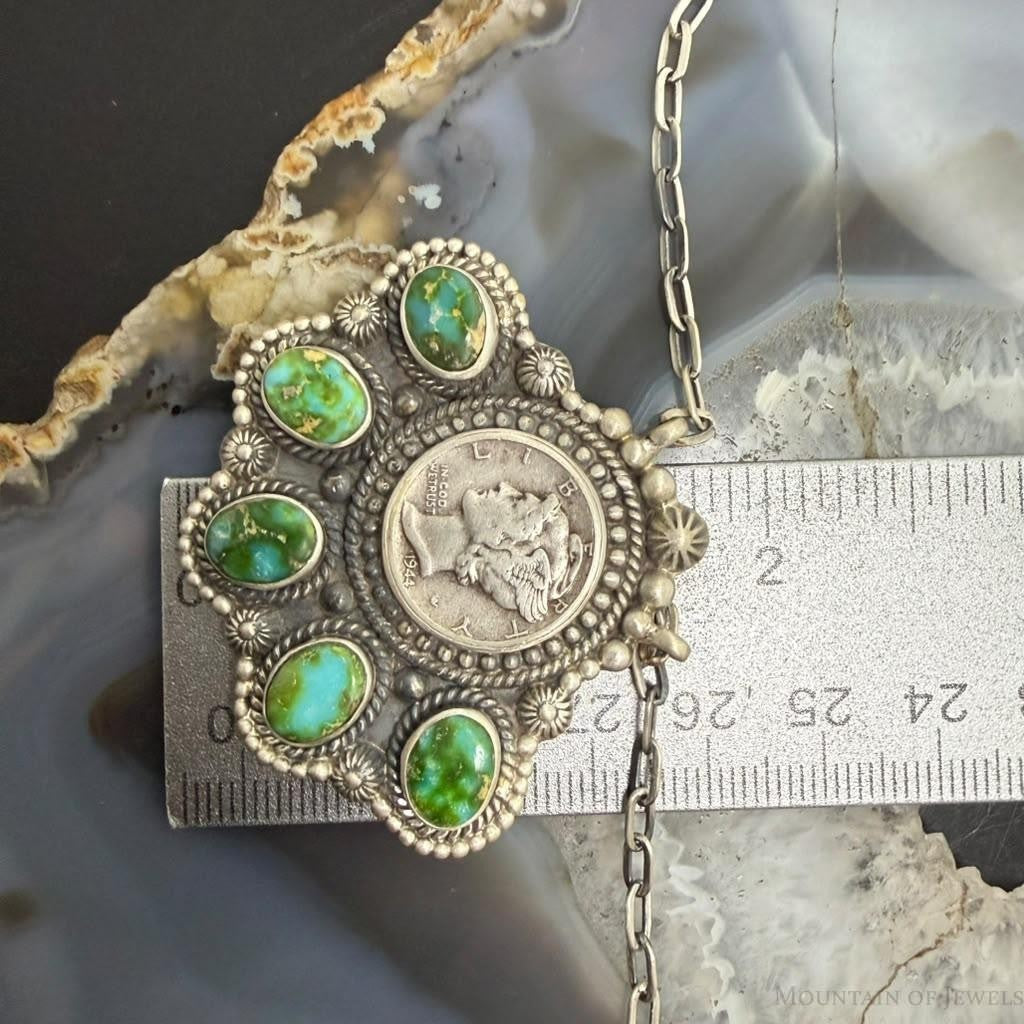 Sterling Silver Southwestern Style 1944 Mercury Dime & Sonora Gold Turquoise Necklace For Women