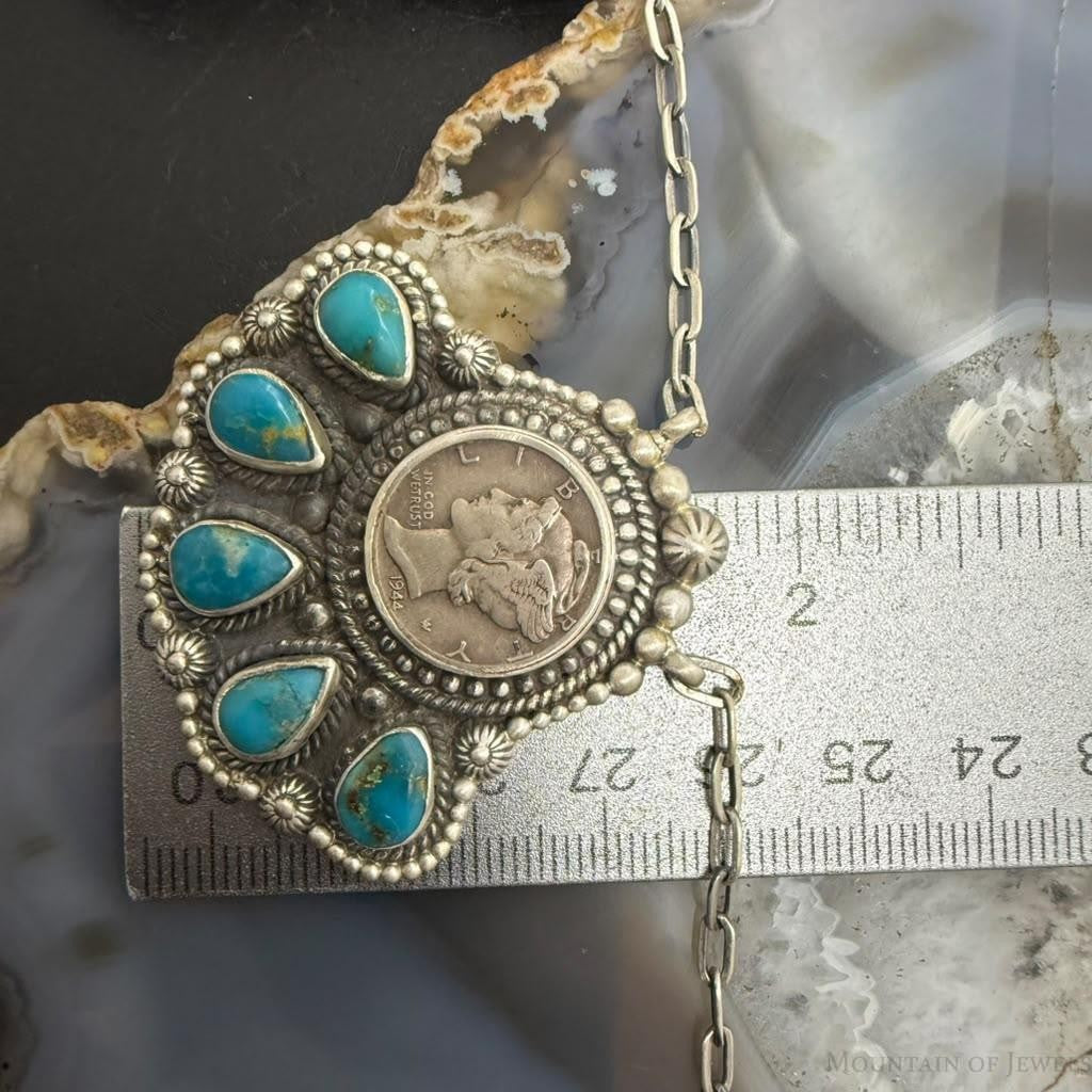 Sterling Silver Southwestern Style 1944 Mercury Dime & Kingman Turquoise Necklace For Women