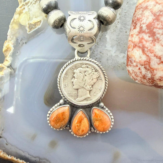 Genuine 90% Silver Mercury Dime Coin w/Teardrop Spiny Oyster Decorated Pendant